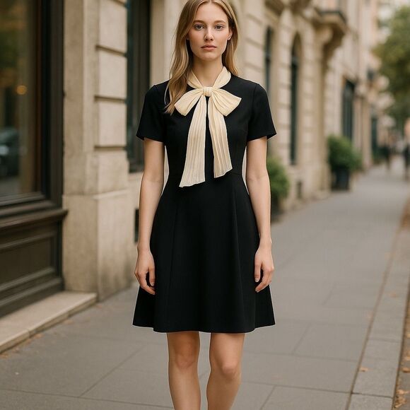 GUCCI 2017 BLACK CREPE PLEATED SILK BOW A-LINE DRESS - Picture 12 of 12